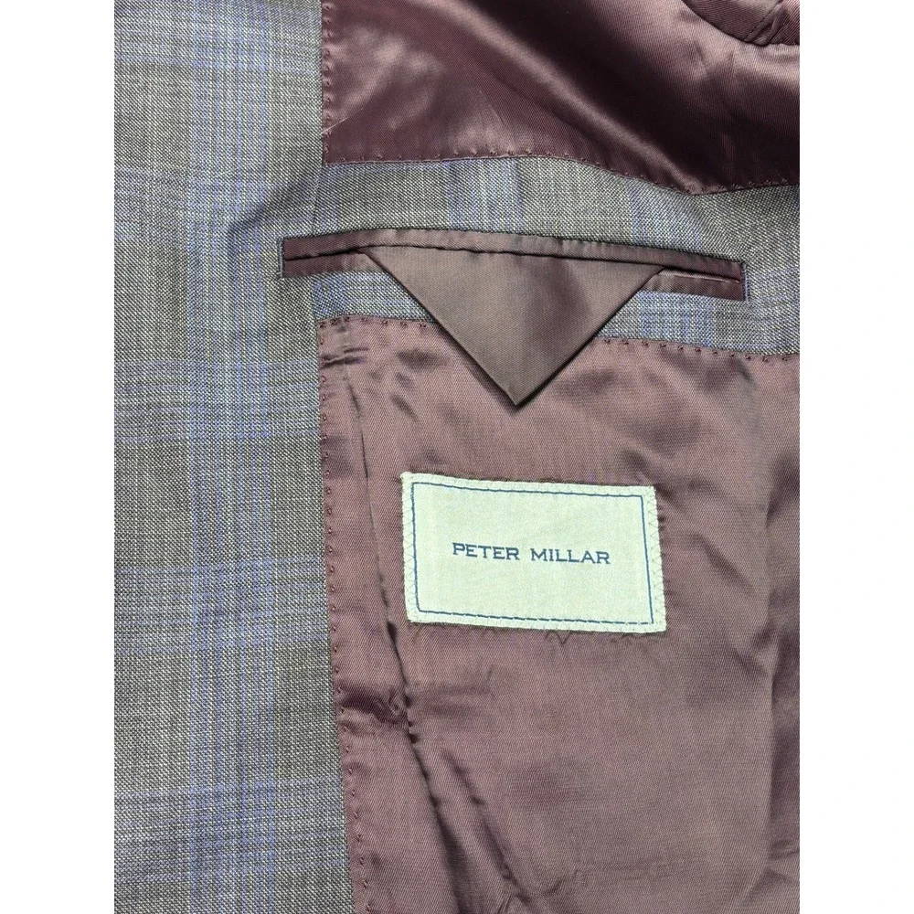 Peter Millar 44R Mens Coat Purple Blue Plaid 100% Virgin Wool Blazer Portugal